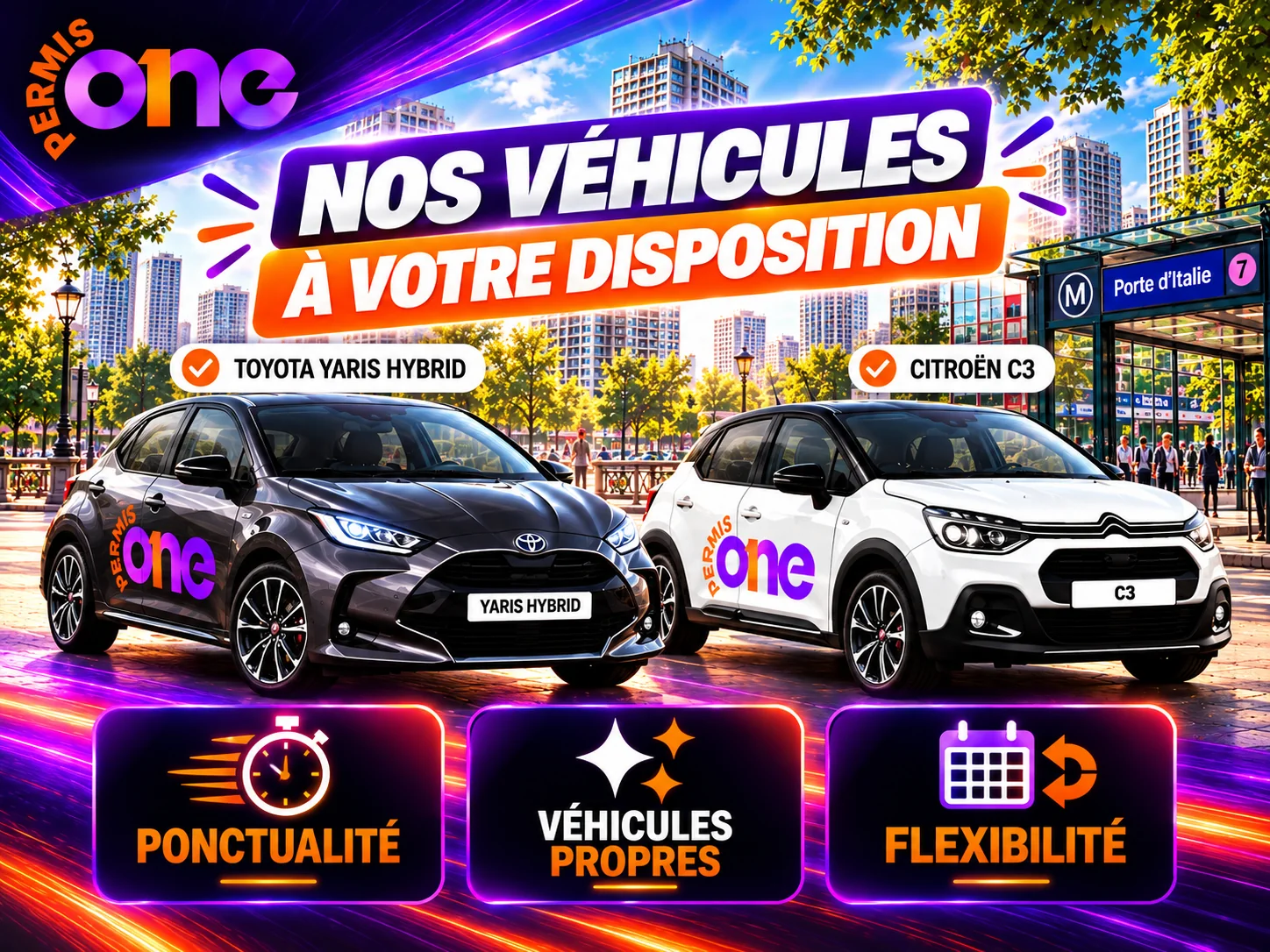 Nos véhicules à double commande à votre disposition : Toyota Yaris Hybrid et Citroën C3, ponctualité, véhicules propres et horaires flexibles